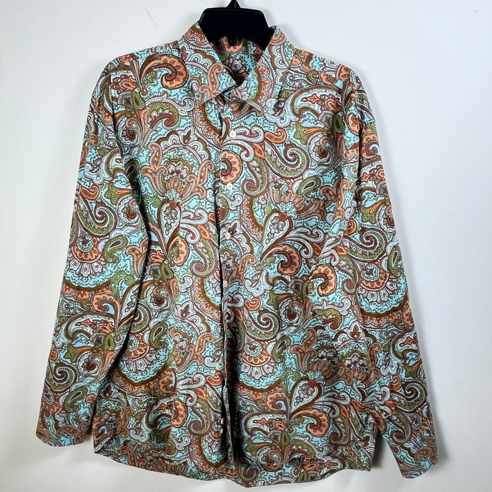 Alan Flusser Button Down Shirt Mens XL Blue Paisley Long Sleeve Boho Retro
